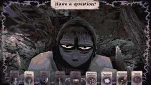 A woman is asking if you've got a question. Several cards describe available topics like "Old Lady", "Bagdolls" ôr "Shed".