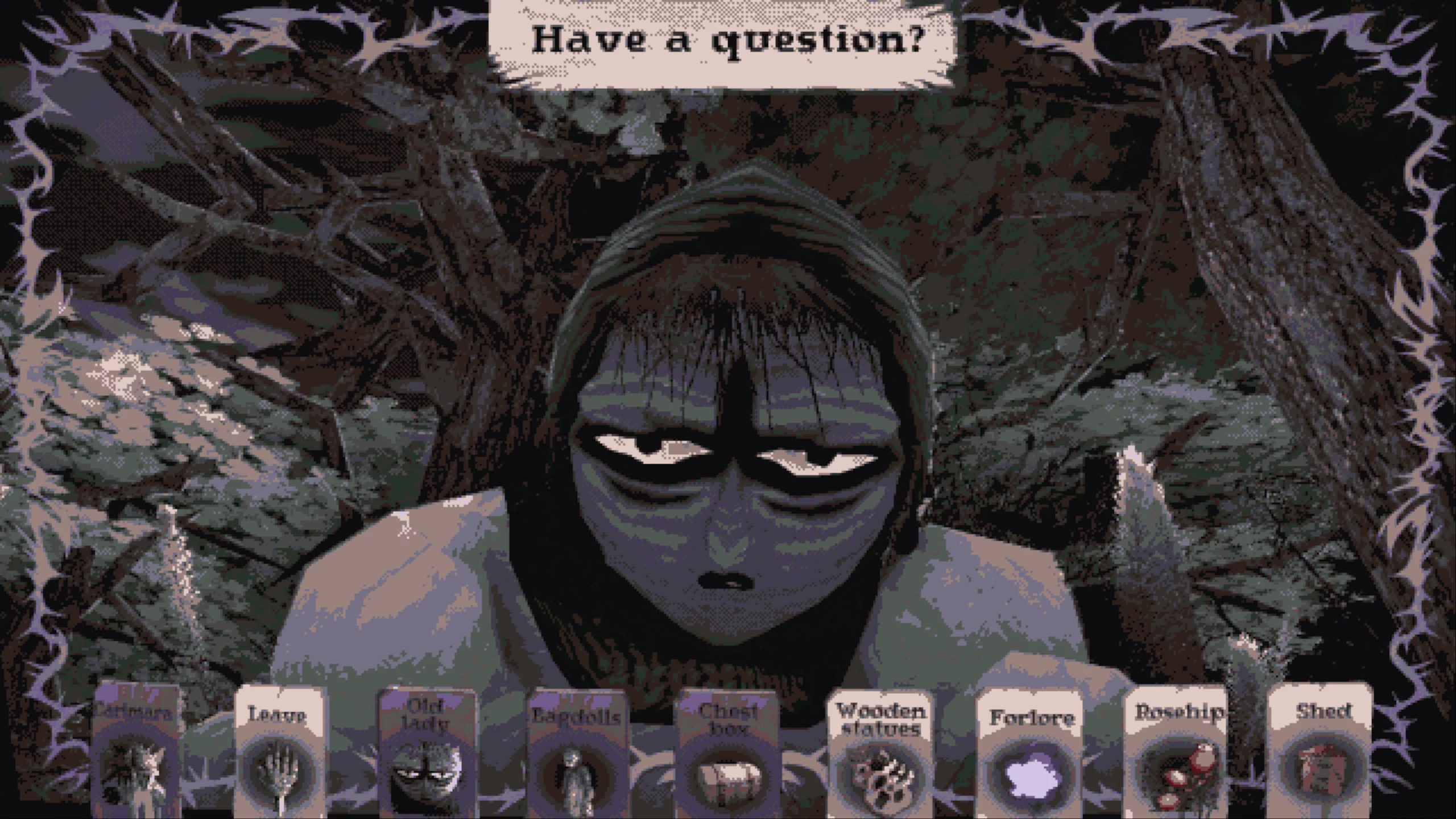 A woman is asking if you've got a question. Several cards describe available topics like "Old Lady", "Bagdolls" ôr "Shed".