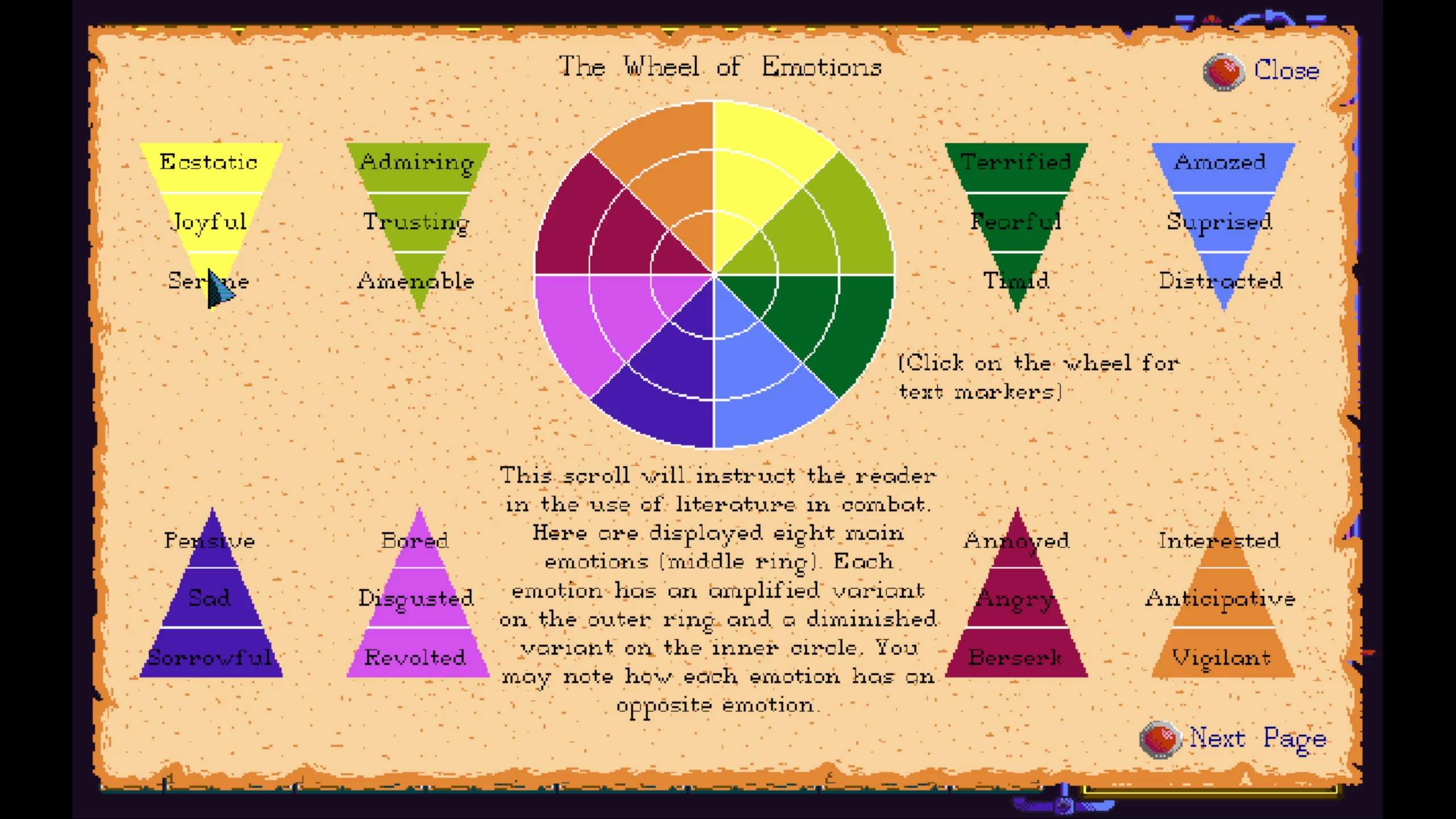 The Wheel of Emotions is representing the elements of enemies. The emotions are roughly divided in Joy, Trust, Fear, Surprise, Sadness, Disgust, Anger and Interest.