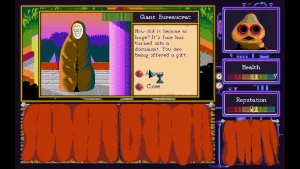 A person called Giant Bureaucrat is hidden in a brown hood. The text says "How did it become so huge? It's face has turned into a document. You are being offered a gift."