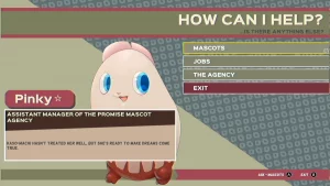 A giant severed finger mascot called Pinky☆ is offering help with topics about Mascots, Jobs and The Agency.