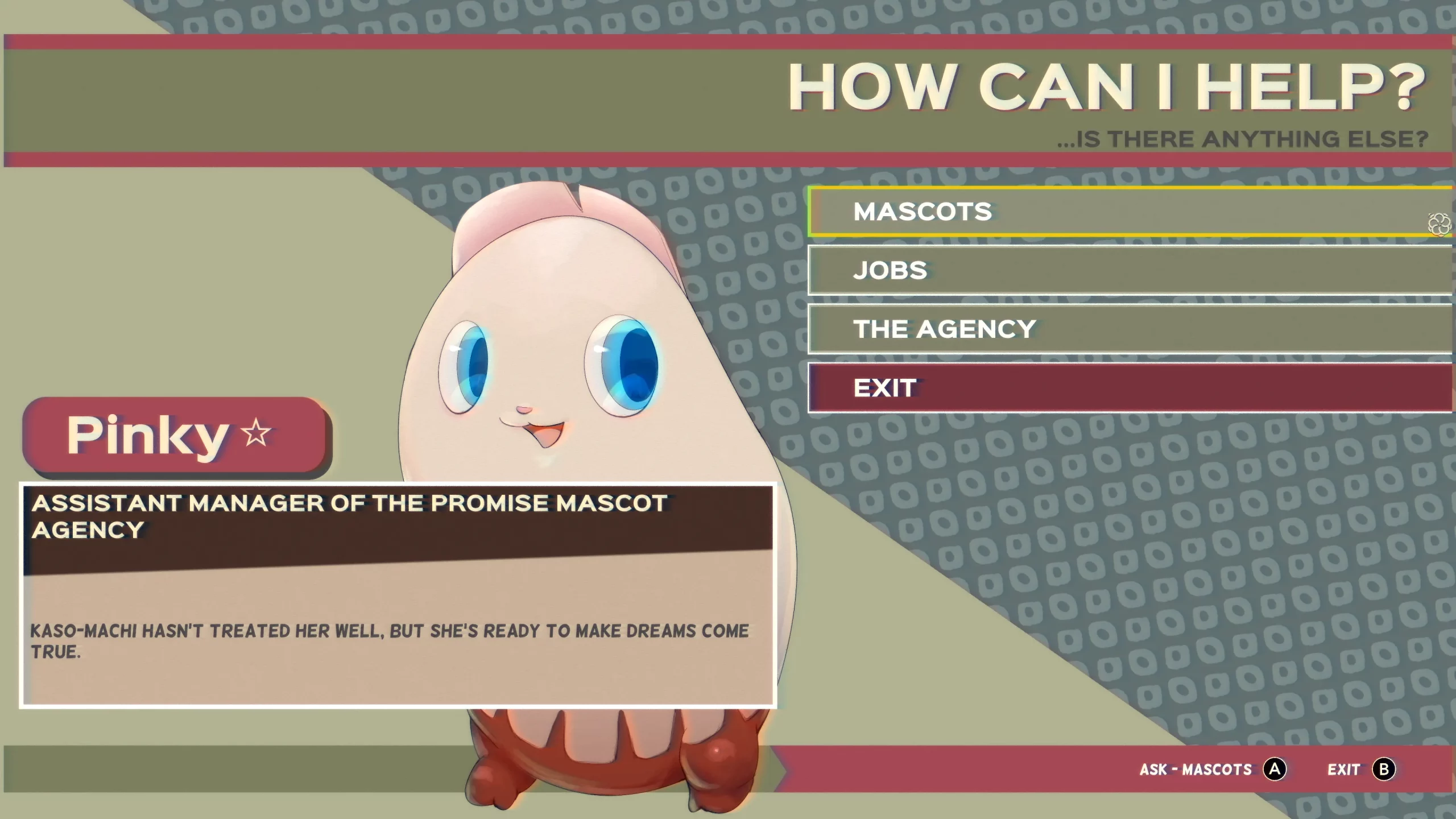 A giant severed finger mascot called Pinky☆ is offering help with topics about Mascots, Jobs and The Agency.