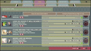 A menu with available jobs. It shows the information like the difficulty, pay and rewards.