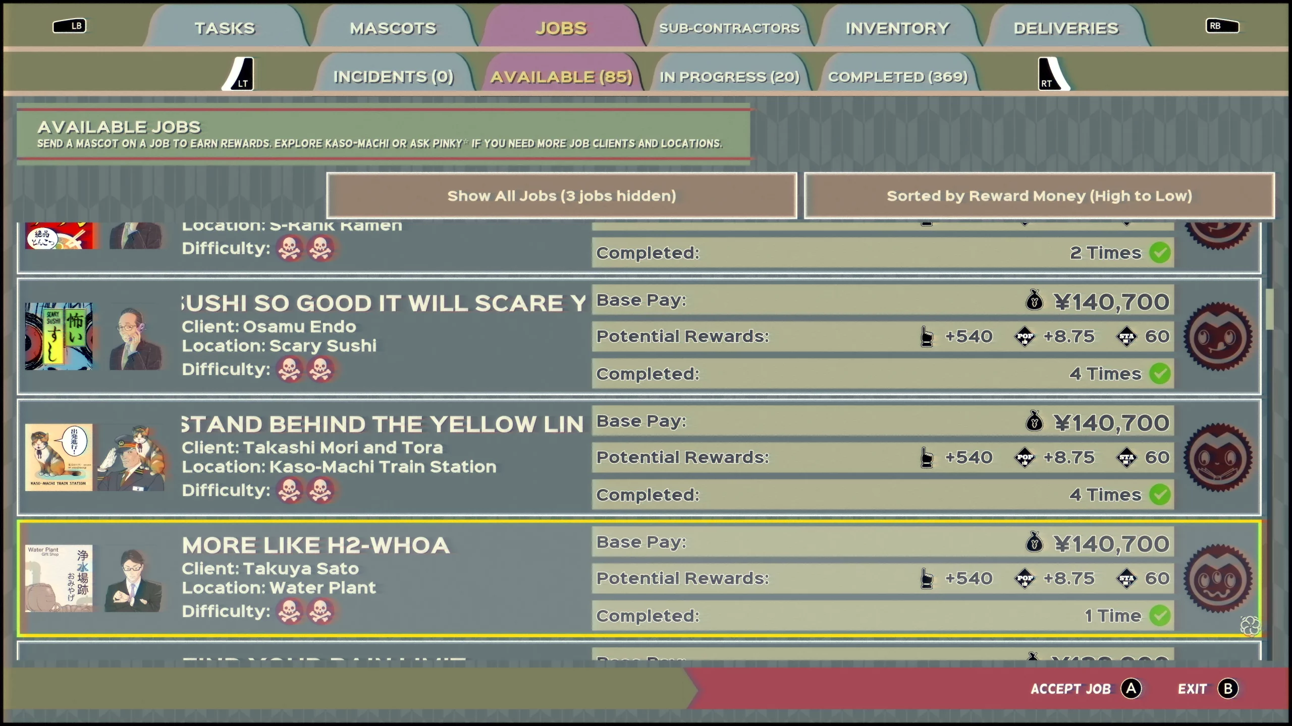 A menu with available jobs. It shows the information like the difficulty, pay and rewards.
