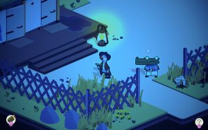 A duck and an alligator are standing outside the restroom area.