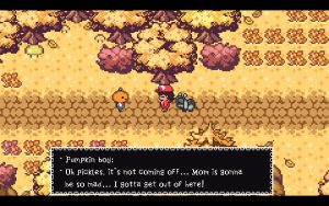 Autumn coloured forest. Pumpkin boy is saying: "Oh pickles, it's not coming off... Mom is gonna be so mad... I gotta get out of here!"