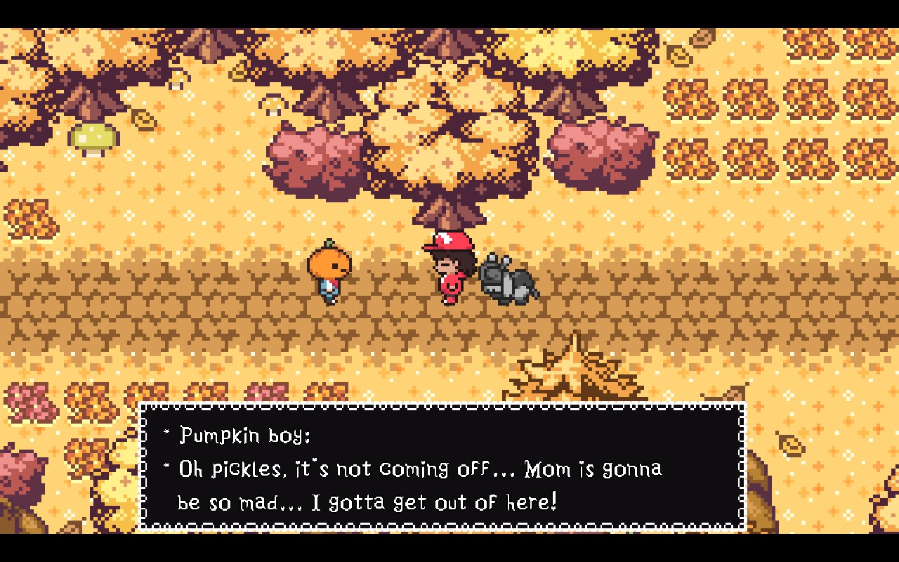 Autumn coloured forest. Pumpkin boy is saying: "Oh pickles, it's not coming off... Mom is gonna be so mad... I gotta get out of here!"