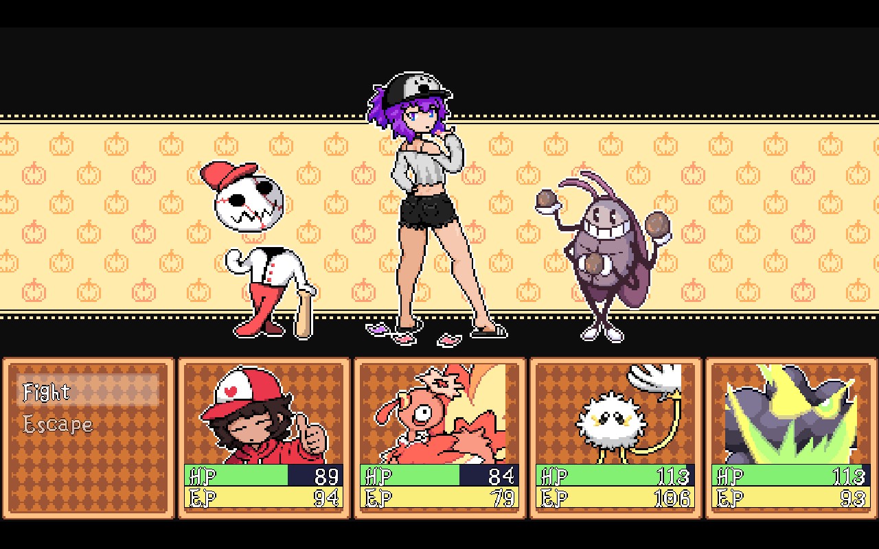 A battle screen with four characters on your team and three on the opposite one.