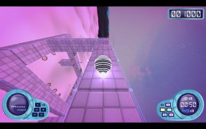 A level design that shows a complex 3D level. In the corners are a music player and the collectible area with a timer.