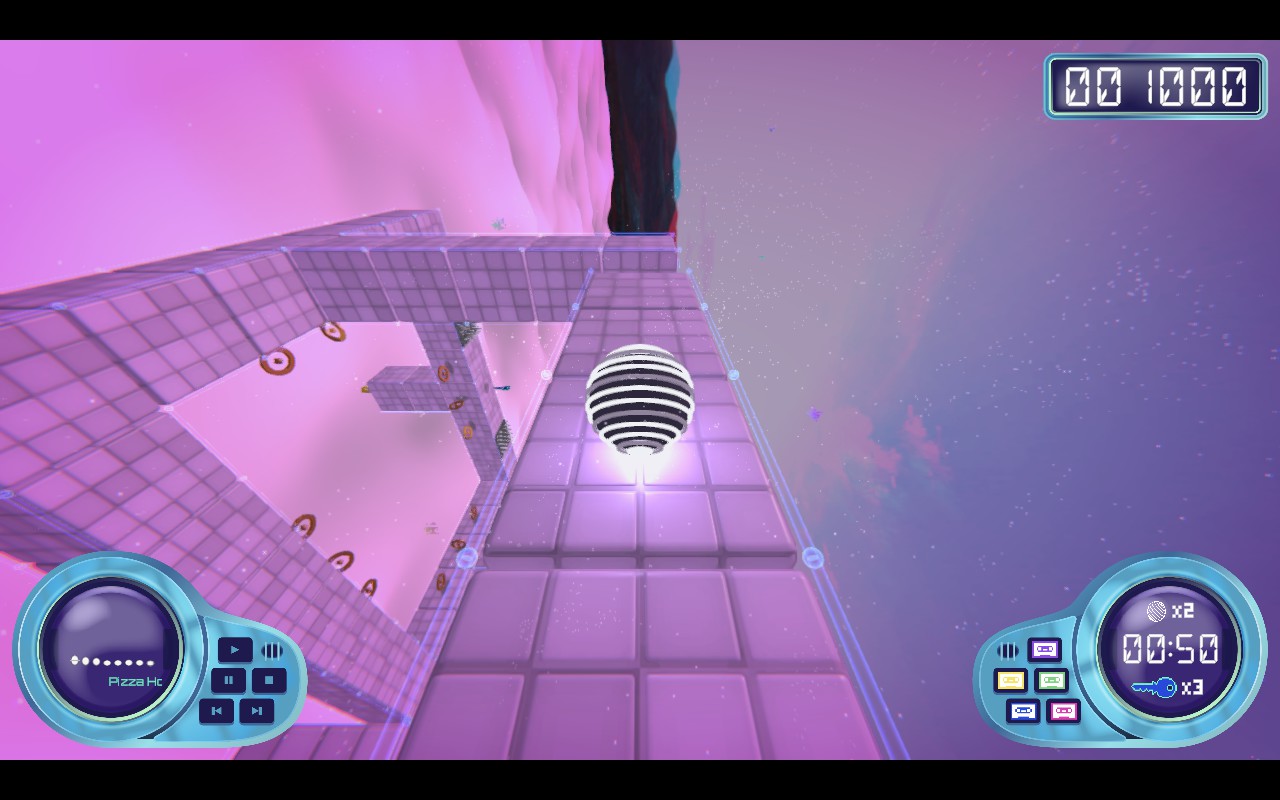 A level design that shows a complex 3D level. In the corners are a music player and the collectible area with a timer.