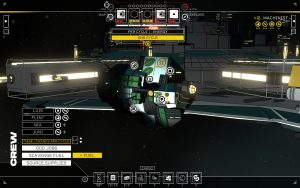 Your spaceship with custom paint. It shows your available dice rolls, your crew members, resources and available tasks. 