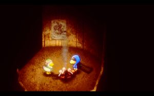 A duck and a dog are standing around a fire pit. Marshmallows are spread around it.