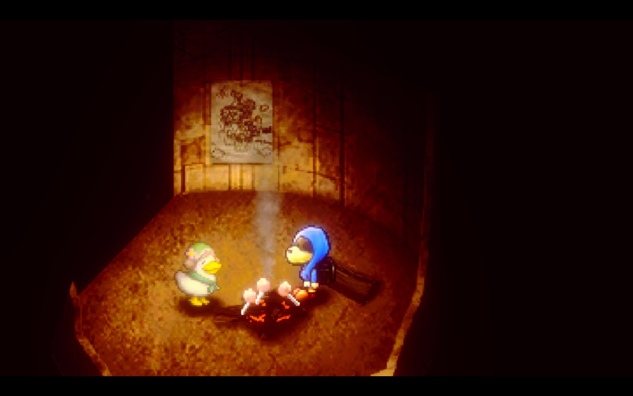 A duck and a dog are standing around a fire pit. Marshmallows are spread around it.