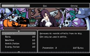 A shop screen to buy and sell items. Medicine, Potions and more are sold.