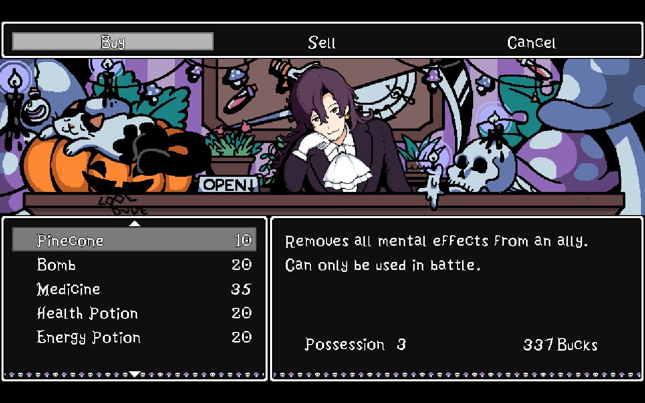 A shop screen to buy and sell items. Medicine, Potions and more are sold.