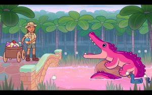 A woman is throwing desserts at an aligator. Ducks are in the water.