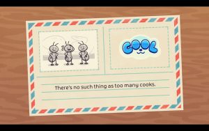 Score screen showing a picture of the song, the rating and a text of the song. It says "There's no such thing as too many cooks."