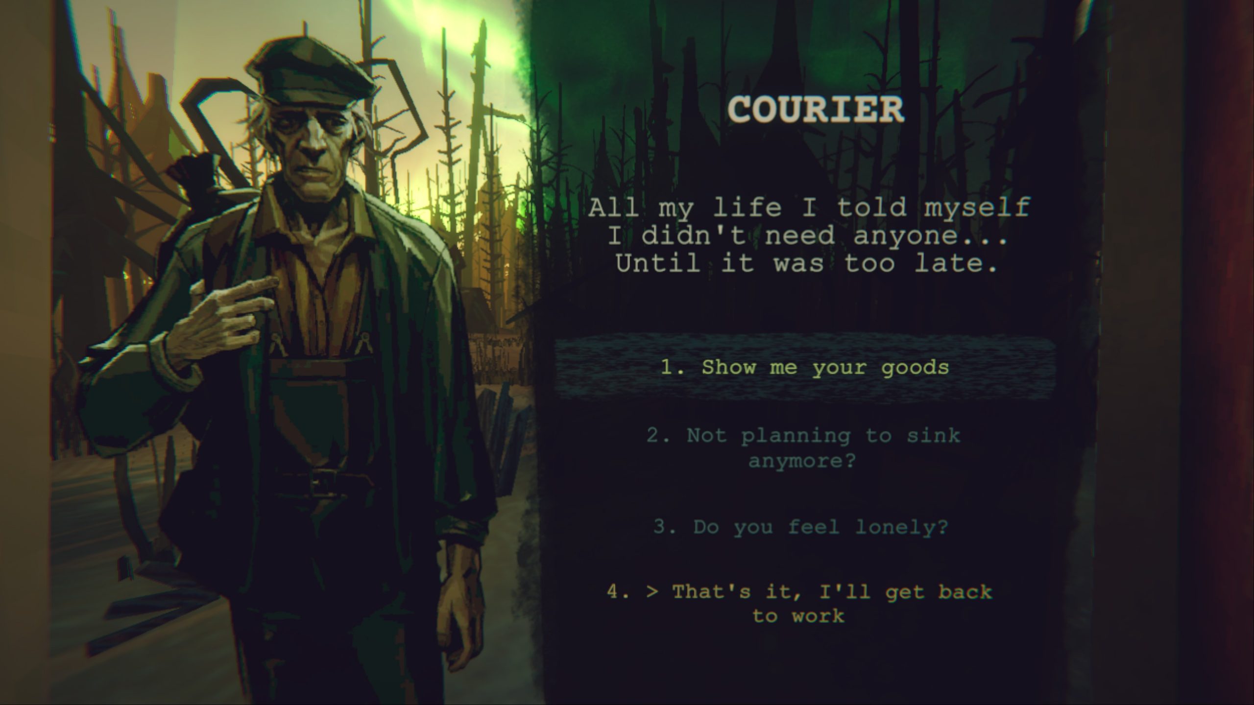 Dialog window with the courier that talks about his life. You can buy goods from him. 