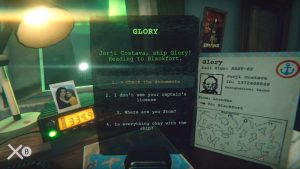 Text box displaying action points for a character named Jorji. Checking the documents shows the document form to the right. 