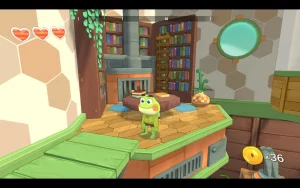 A frog standing in a house. Book shelfs are in the back. The UI shows 3 hearts and 36 coins.