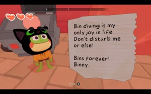 A frog with a cat hat. A note says "Bin diving is my only joy in life. Don't disturb me or else! Bins forever! Binny".