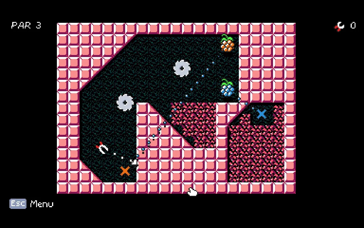 A level of the game. It shows two different fruits, a trimmer and two saw blades.