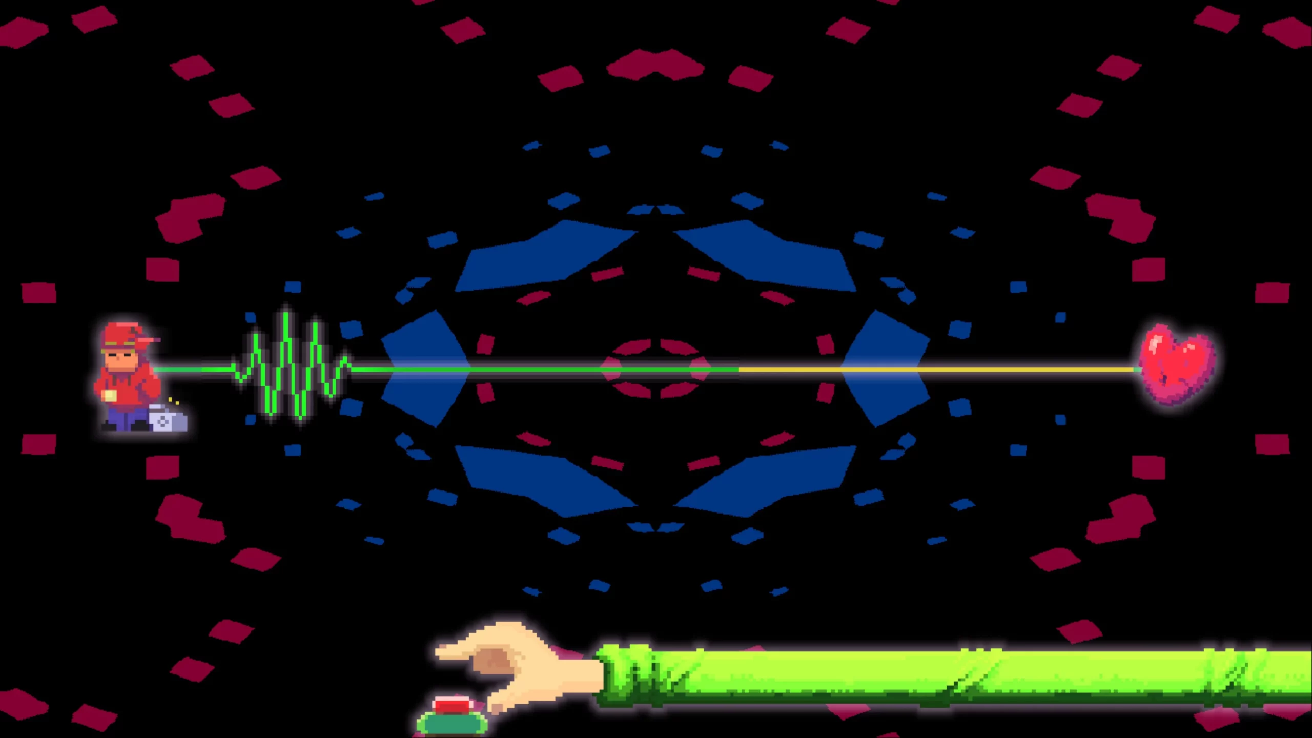 A man and a heart are connected through a line that shows the heartbeat. An arm with a button is on the bottom. The background shows colorful shapes. 