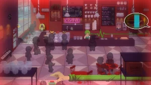 
A woman is serving coffee in a cafe. A line is connected to her and the boarder roi the right. 