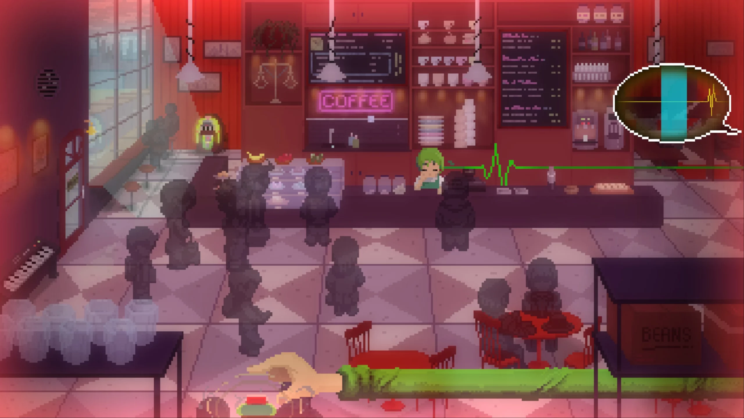 
A woman is serving coffee in a cafe. A line is connected to her and the boarder roi the right. 