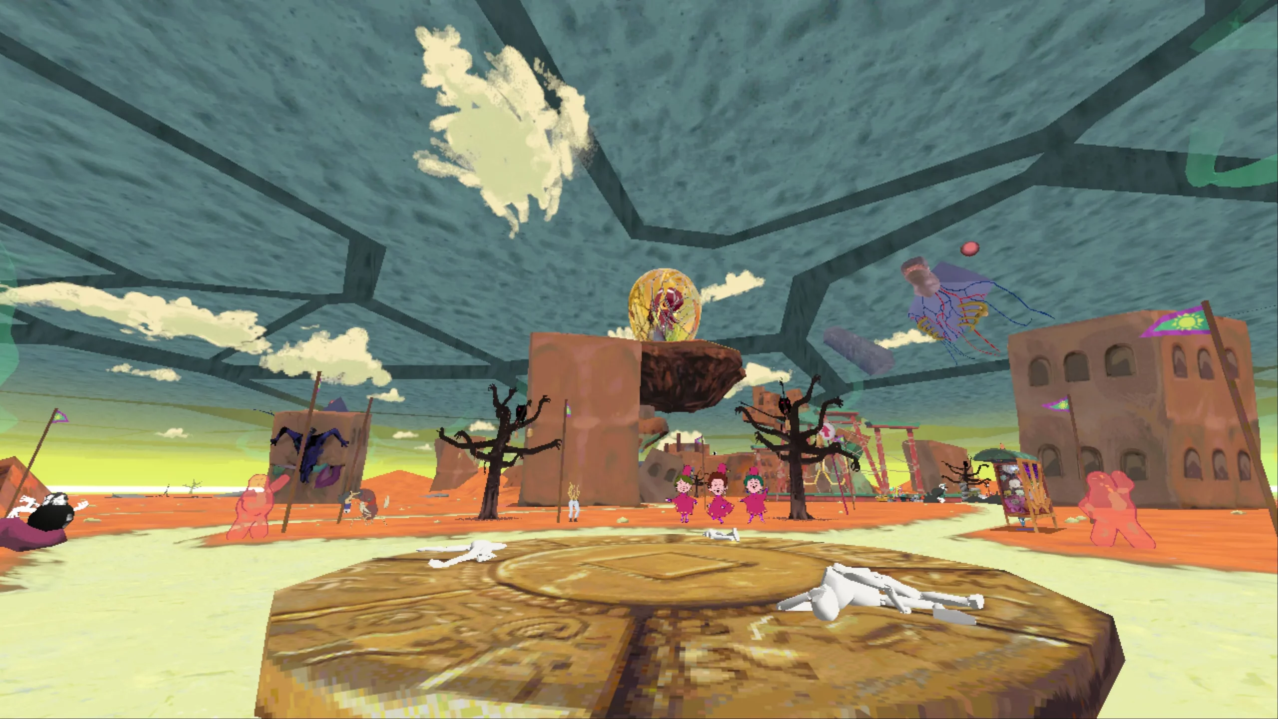 A surreal town square.