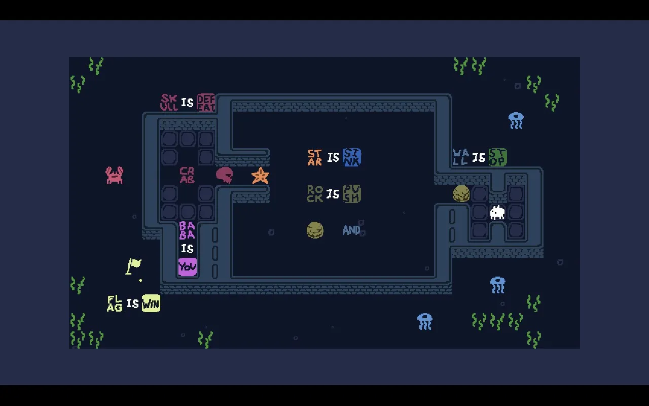 A level of the game with various objects like Baba, rock, star, crab, skull, wall and flag. 