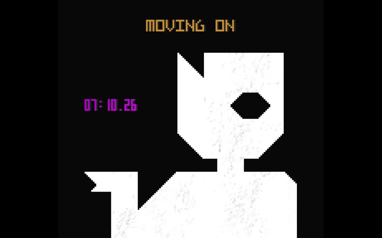 A character shot in black and white style. A text says "moving on" while a timer is displayed.