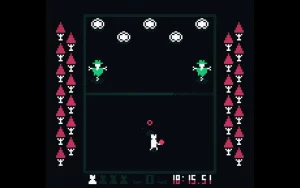 An arcade tennis court. The lower half shows the player, the upper half shows 2 scarecrows and 5 symbols. 