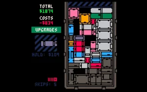 A Tetris-like puzzle game that shows different coloured and sized shapes in a container.