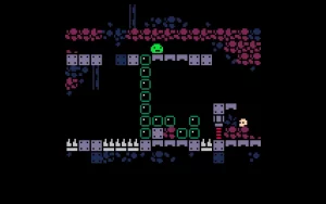 A green slime used bubbles to climb up a platform in a dangerous looking dungeon. 
