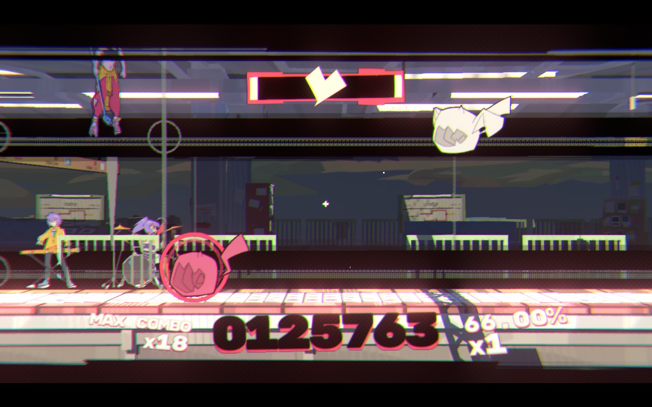 A rhythm game section with two lines on the right and two lines on the left side.