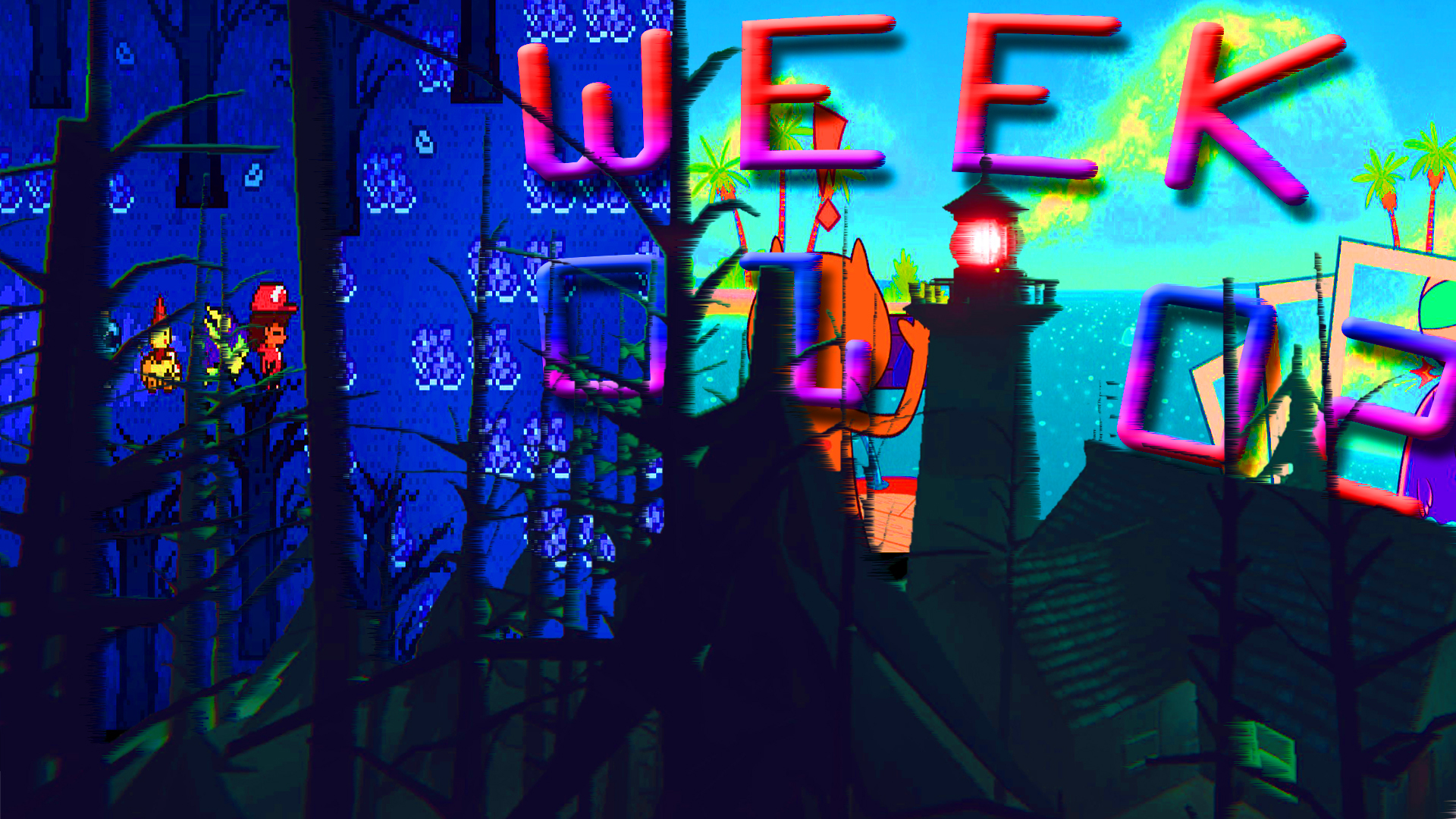 A mix of pictures from Pipkin, Static Dread and Bits & Bops. Text says Week 01-02