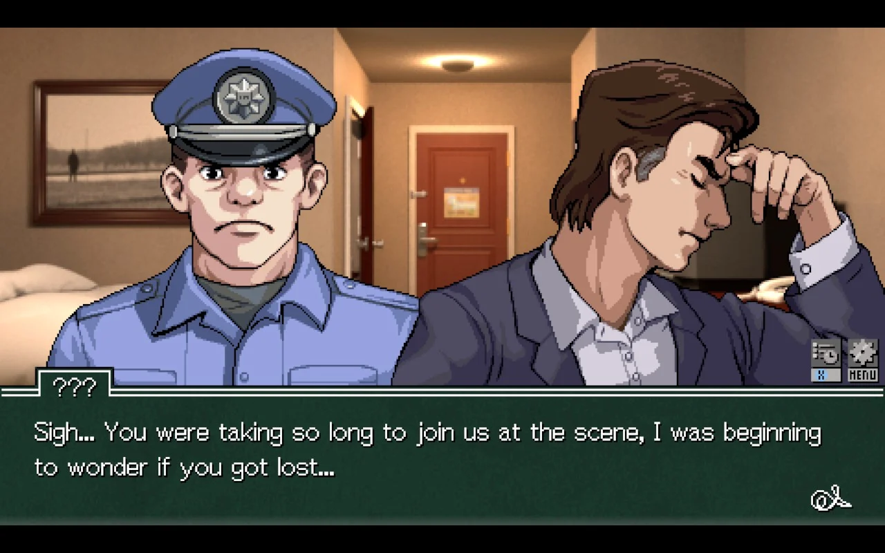 Two men standing in a hotel room. Someone says "You were taking so long to join us at the scene, I was beginning to wonder if you got lost..."