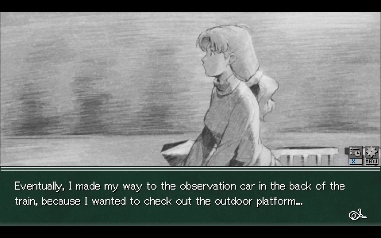 A girl standing outside the train thinking: "Eventually, I made my way to the observation car in the back of the train, because I wanted to check out the outdoor platform."