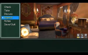 A hotel room with options on the right stating: Check, Take, Discuss, Inspect, Notes, Save/Quit