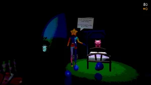 A vague person with a star shaped head points at a bed in a dark room. A piggy bank is floating above the bed. 