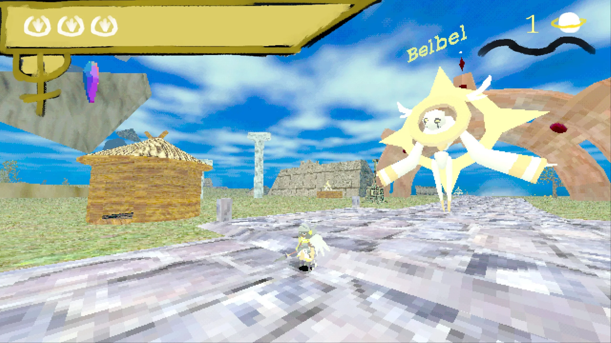 A valkyrie standing in front of a biblically correct angel called Belbel.