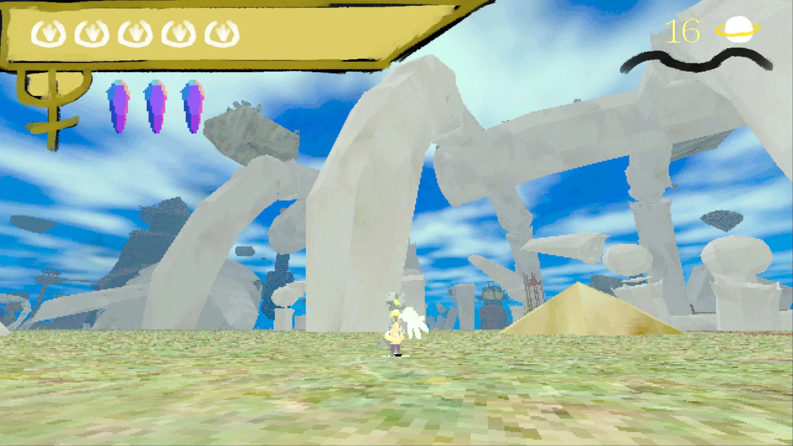 A valkyrie standing next to bones of a giant dragon corpse.