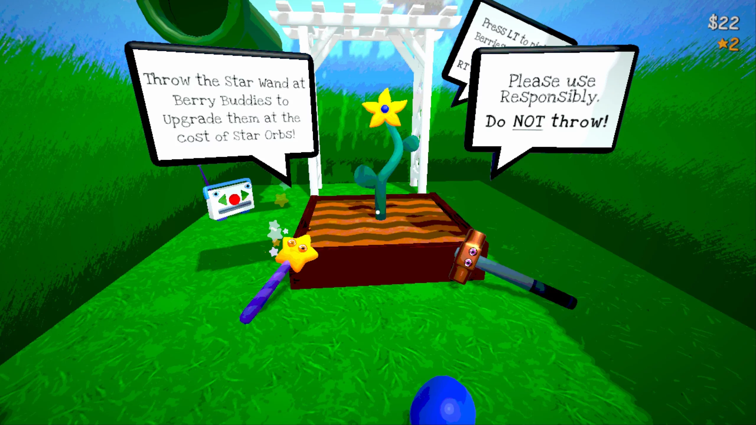 A flower in a bright garden. Next to it are a wand and a sledgehammer.  