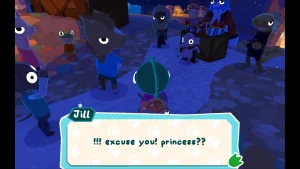 Anthropomorphic kids standing in a dark cave. Jill Says "!!! excuse you! Princess??"