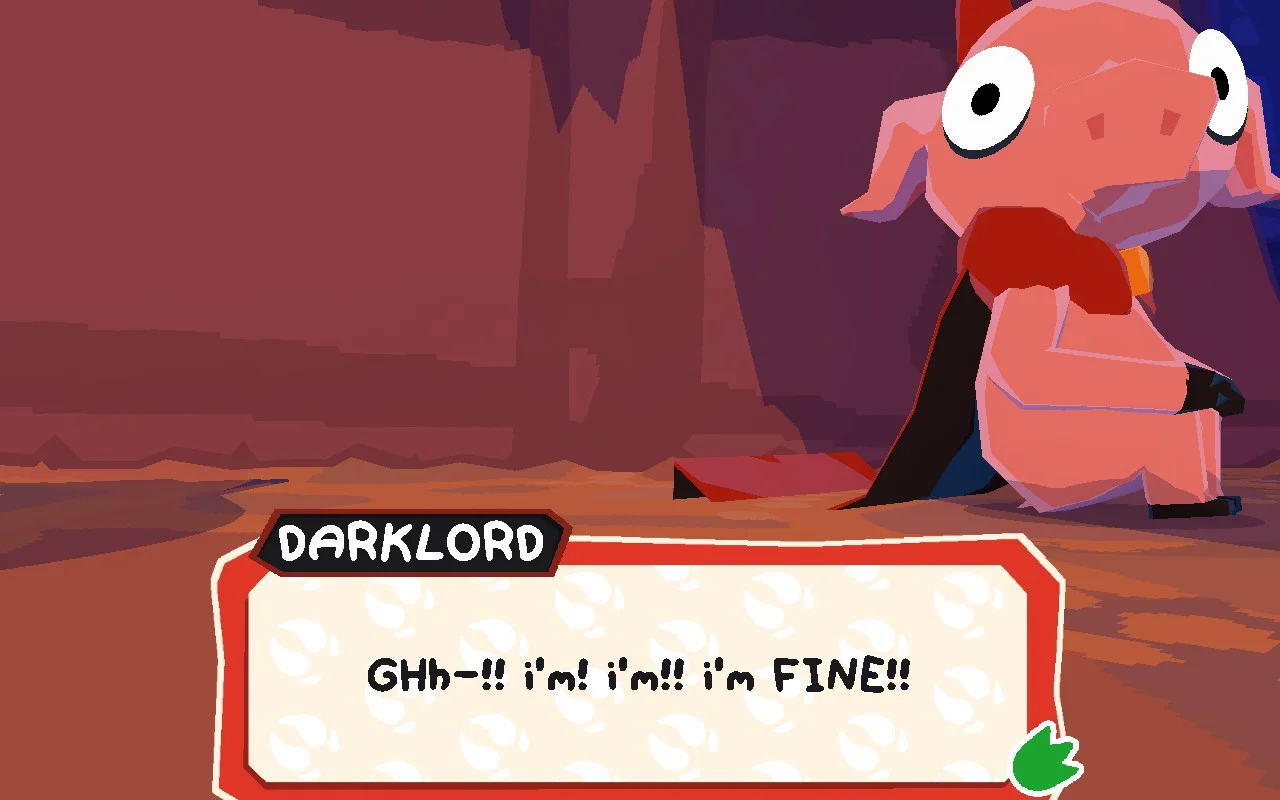 Anthropomorphic pig child sitting on the floor with a shocked look while saying "Khh! I'm! I'm! I'm FINE!!"