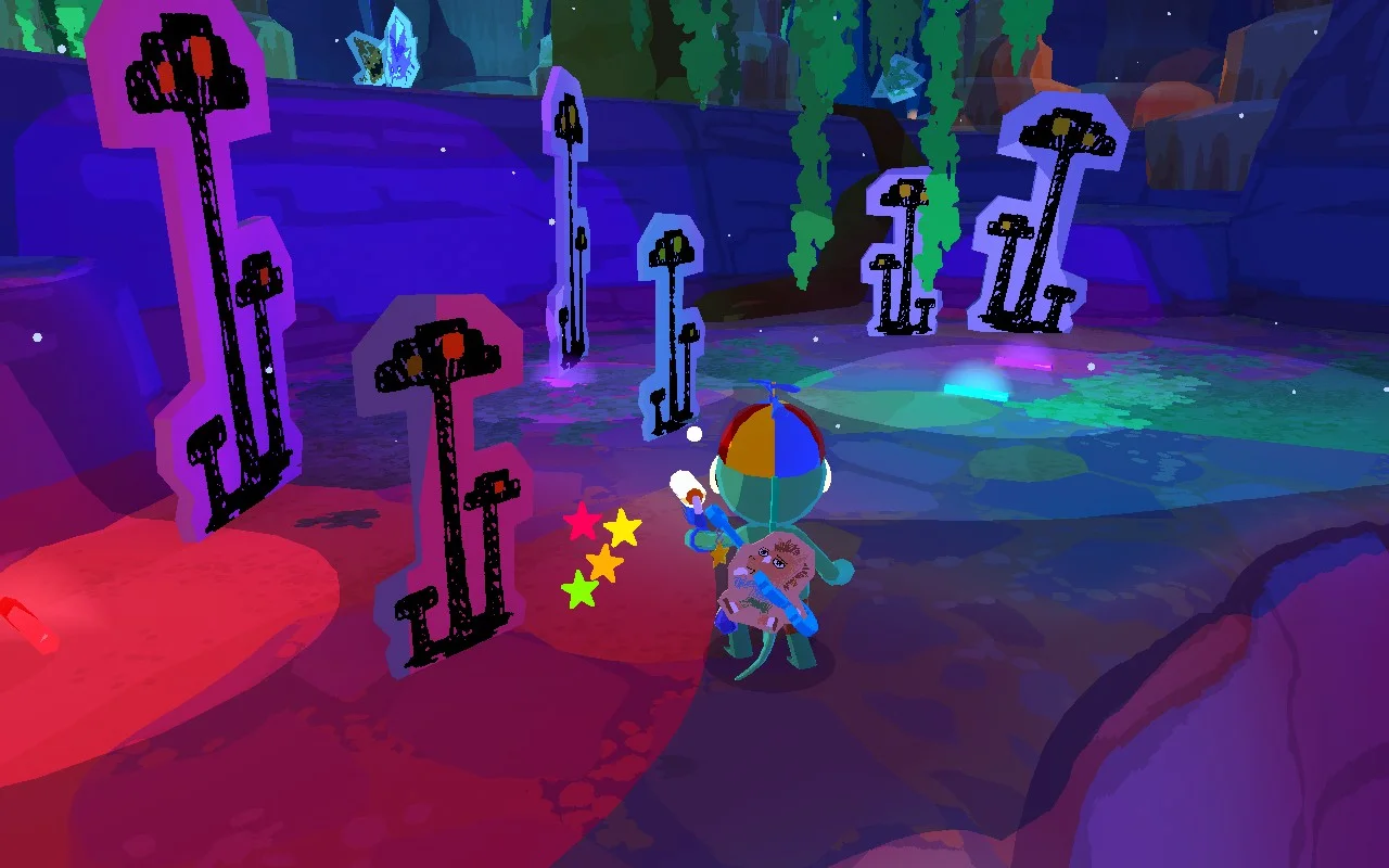 Anthropomorphic alligator child aims with gun on paper mushrooms.