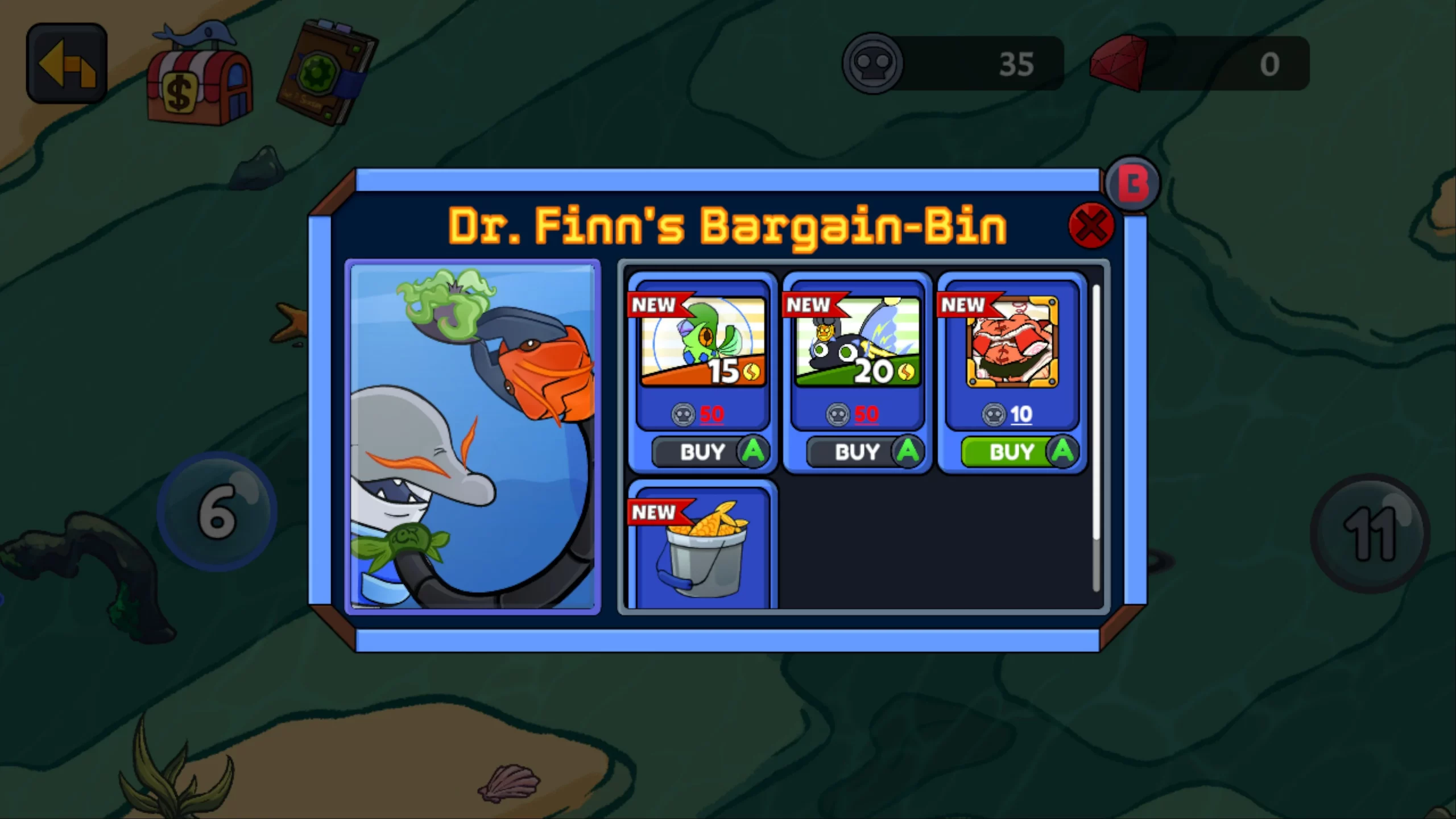 A shop menu called Dr. Finn's Bargain-Bin.