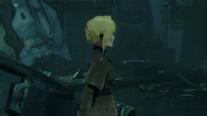 A blond woman standing in a destroyed area.