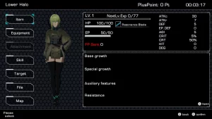 The pause screen, showing the stats of the protagonist as well as items, equipment, skills and more.